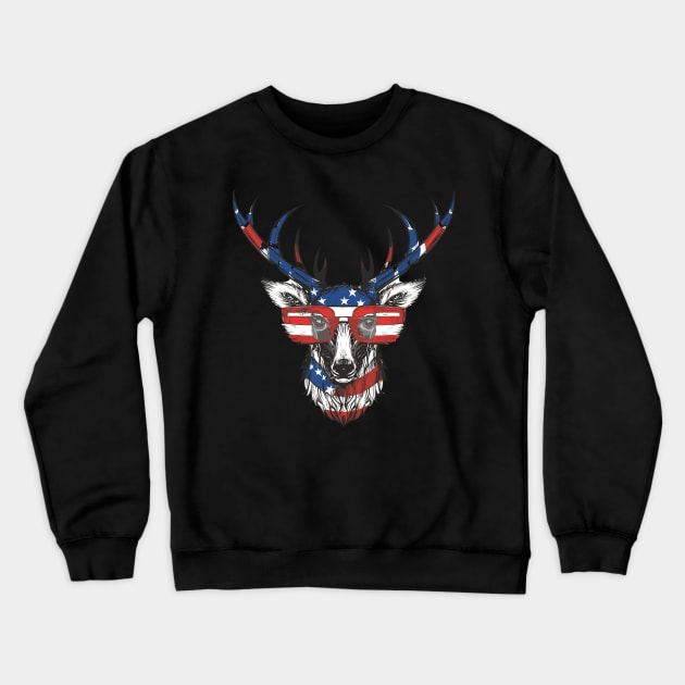 American flag  Deer with glasses Crewneck Sweatshirt by YuriArt